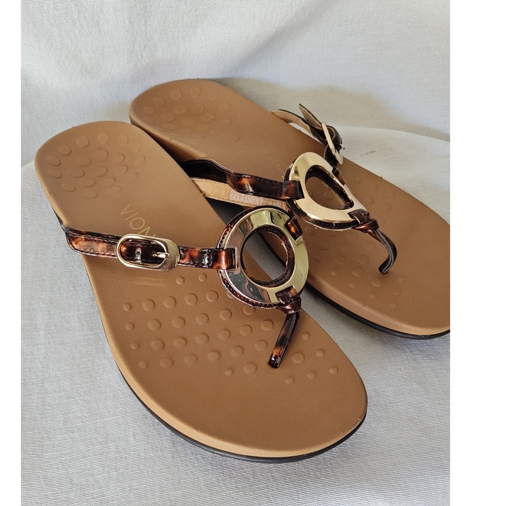 Vionic Karina Sandals Brown Tortoise Print Gold Ring Thong Flip Flop Orthotics 8